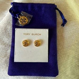 Tory Burch Rose Gold Rope Logo Stud Earrings with bag NWT